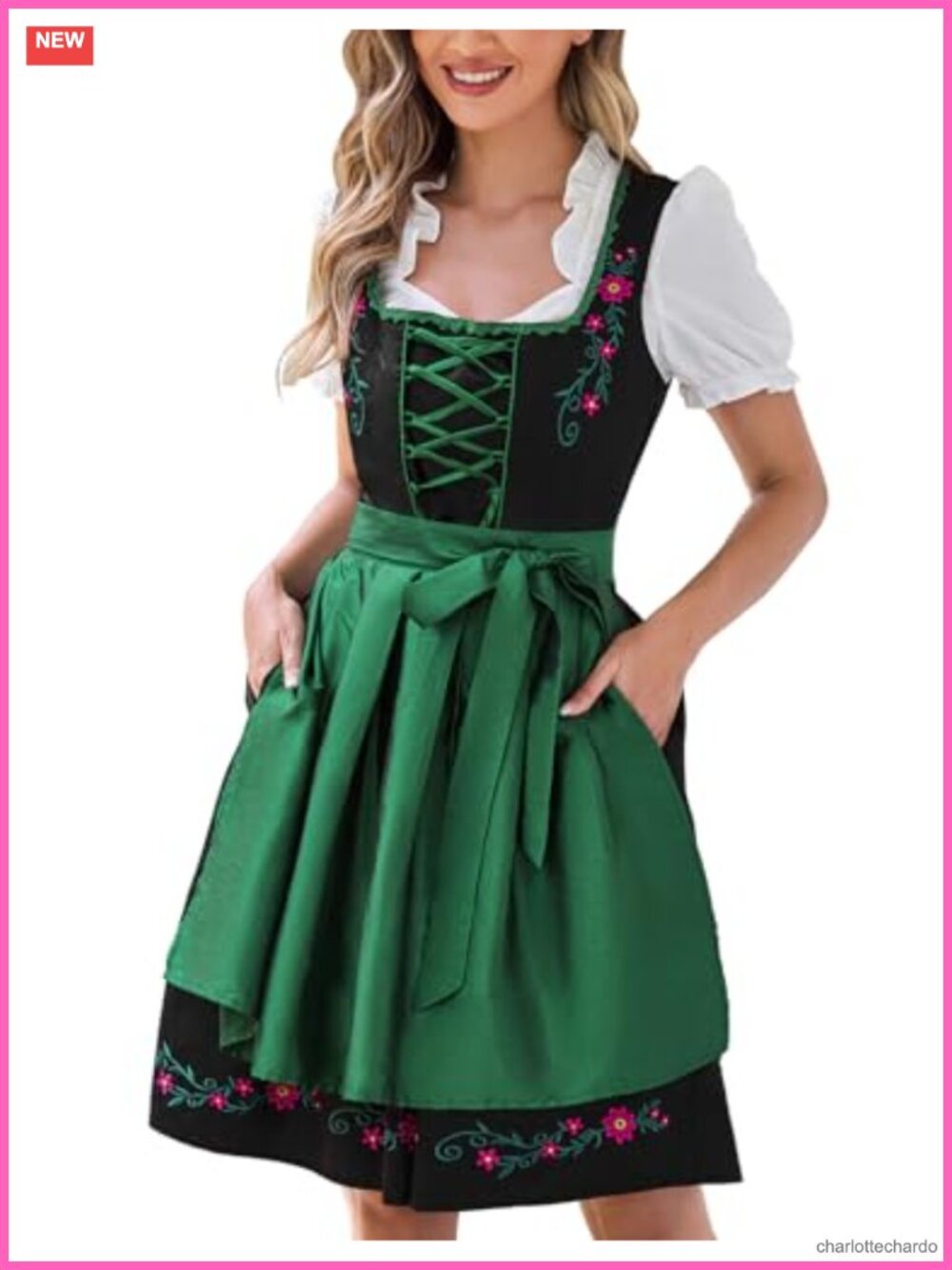 3pc Oktoberfest Dirndl Costume with Embroidered Dress, Blouse & Apron